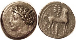 CARTHAGE, Æ16, 3rd cent BC, Tanit head l./Horse stg r, palm behind; VF,. nrly centered, head & horse complete, medium brown patina, a pleasant bold ex...
