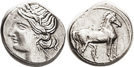 CARTHAGE, Ar Quarter Shekel, 220-210 BC, Tanit head l./horse stg r, S6499; AEF, centered on a sl unround flan, short at top, but head & horse just abo...