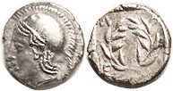 ELAIA, Diobol, 4th-3rd cent BC, Athena head l/ELAI around wreath in incuse square, S4196 ( £200 ); AEF/VF, obv a touch off-ctr but head complete with ...