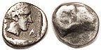 KASOLABA (Caria), Hemiobol, 410-390 BC, Youthful male head r/ram head r; F+/AF, ...