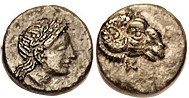 KEBREN, Æ10, 387-310 BC, Apollo hd r/ Ram's head r, K below; EF, centered, dark brown patina, sl surface imperfections in fields; both heads have exce...