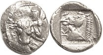 KRANNON, Obol, 462-460 BC, Hero Thessalos wrestling bull's head facing/horse hea...