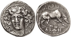 LARISSA, Diobol (or Hemidrachm, 14 mm, 2.16 g), 4th cent BC, Nymph head facg sl ...