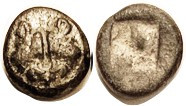 LESBOS, billon Diobol or 1/10 Stater, 1.34 gms, c.500-450 BC, 2 boar hds face-to...