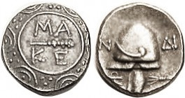 MACEDON, Autonomous, 187-168 BC, Tetrobol, MAKE around club in center of shield/ Helmet, 3 monograms & thunderbolt, as S1387; Choice EF, obv a teeny b...