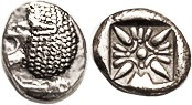 MILETOS, 1/12 Stater, 6th cent BC, Lion forepart, head l./ star pattern in square, S3532 (£65); EF, nrly centered with obv lion head complete except f...
