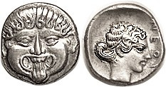 NEAPOLIS (Macedon), Hemidrachm, 424-350 BC, Facing Gorgoneion/nymph head r, lgnd at rt, S1417; Choice EF, centered & well struck with strong detail, a...