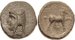 PARTHIA, Phriapatios, 185-170 BC, Æ19, Sellwood 8.2, Head l., in bashliq/Horse rt; VF, nrly centered on large flan, darkish brown patina, somewhat gra...
