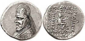 PARTHIA, Orodes I, 90-80 BC, Drachm, Sellw 31.5, Choice EF, obv perfectly centered, rev nrly so; well struck, with needle sharp portrait detail. Good ...