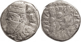 PARTHIA, Vologases IV, c.147-191 AD, Tet, Sellw.84.47 Bust l., B behind/Tyche giving wreath to ruler; AVF/F, centered on smallish flan, base silver co...
