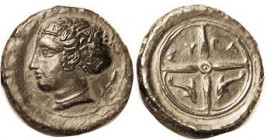 SYRACUSE, Æ19, c.405-400 BC, Arethusa hd l, signature EY on headband, barley ear behind/ 4-spoke wheel, dolphins in lower quarters, as S1186; AEF, cen...