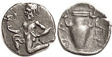 THASOS, Trihemiobol, c.411-350 BC, Satyr hldg kantharos/amphora, S1755; VF, cent...