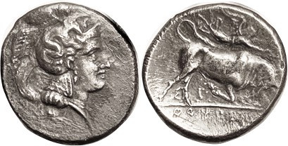 THOURIOI, Stater, c.350-300 BC, Athena head r, Skylla on helmet/Bull butting r, ...