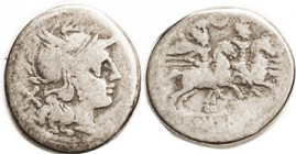 Den., Cr.57/2, Sy.219, Roma head r/Dioscuri rt, crescent above; F/AF, centered, good metal with just wear, bold features. (Compare an EF bringing $277...