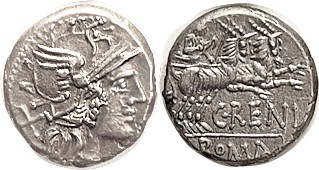 C. Renius, Den, 138 BC, Cr.231/1, Sy.432; Roma head r/Juno Caprotina in biga of ...