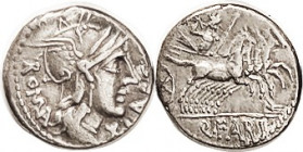 Q. Fabius Labeo, Den., Cr.273/1, Sy.532, Roma head r/ Jupiter in quadriga r, prow below; VF, obv nrly centered, rev well centered, good metal with old...