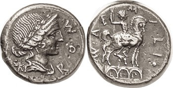 Mn. Aemilius Lepidus, Den, Cr.291/1, Sy.554, Roma head r/Equestrian statue on ar...