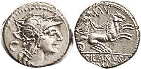 D. Junius Silanus, 91 BC, Den., Cr.337/3, Sy.646, Roma head r/Victory in biga r; EF, nrly centered, better struck than usual for this with only a hint...