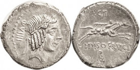 L. Calpurnius Piso Frugi, 90 BC, Den, Cr.340/1, Sy.661; Apollo head, number left/ horseman r, number above, RA monogram below; EF, obv sl off-ctr on b...