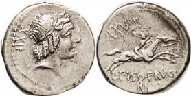 L. Calpurnius Piso Frugi, 90 BC, Den, Cr.340/1, Sy.660; Apollo head, XXII left/horseman r, XXVIIII above, RA monogram below; VF, minimally off-ctr, mi...