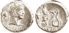 L. Roscius Fabatus, 64 BC, Den, Cr.412/1, Sy.915, Juno Sospita hd r/Female & snake; serrate issue; VF, centered (tho rev head partly off), decent meta...
