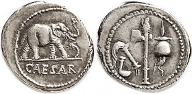 IMPERATORIAL. Julius Caesar, Den, CAESAR, Elephant trampling snake/Sacrificial implements; EF/VF+, nrly centered on a broad flan with almost complete ...