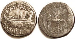MARK ANTONY, Legionary Den., Galley/Eagle betw standards, LEG X; fourree, F-VF, well centered, everything clear, but patchy spots of dark crustiness. ...