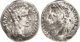 TIBERIUS, Den, BROCKAGE of obv, F-VF, would be very cool except that, oddly enough, it's a COPY, appears silver & struck, F-VF, lt tone.