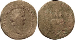 NERO, Sest, Bust r with Lugdunum globe/DECVRSIO, 2 horses & riders; F/G, medium tan-brown patina, obv a bit grainy but portrait & most of lgnd clear; ...