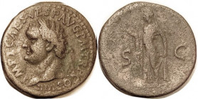 TITUS, As, Bust left/SC, Spes stg l, F-VF/F, a hair off-ctr with full lgnd, decent brownish-green patina with only slightest porosity on rev, nice bol...
