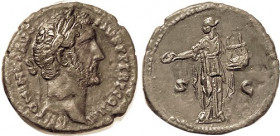 ANTONINUS PIUS, As, SC, Apollo stg l, w/lyre; VF+/EF, centered, deep glossy greenish- brown patina, some small surface imperfections, most notably a d...