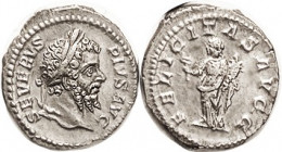 SEPTIMIUS SEVERUS, Den, FELICITAS AVGG, Guess who stg l; EF, centered on a full flan, obv sharply struck, rev lgnd just a mite crude; good metal with ...