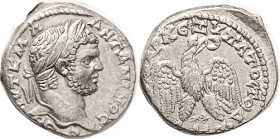 CARACALLA, Ake-Ptolemais, Tet, Eagle facg, hd r, caps of Dioscuri below; VF-EF, obv nrly centered, rev somewhat off-ctr, good metal with luster, very ...