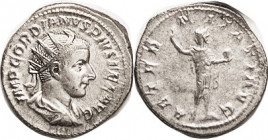 GORDIAN III, Ant, AETERNITATI AVG, Sol stg l, VF, centered on large flan, rev a bit indifferently struck; good bright silver with lt tone. (A VF broug...