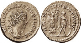 VALERIAN II, Ant, PRINCIPI IVVENTVTIS, Ruler stg l, crowning trophy with wreath; Choice EF, nrly centered on a round flan, full lgnds, unusually well ...