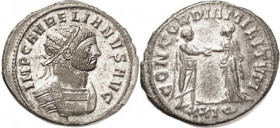 AURELIAN, Ant, CONCORDIA MILITVM, Ruler & wife clasping hands (Aw, give her a kiss); Choice EF, perfectly centered on a large sl oval flan, good strik...