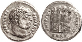 DIOCLETIAN, Argenteus, VICTORIAE SARMATICAE, City gate with 4 turrets, SMN G ; VF+/VF, centered, very sl edge raggedness, hint of flan crack, deepish ...