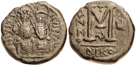 JUSTIN II, Follis, S369, NIKO-u-A, VF, nrly centered, darkish brown patina, obv has full lgnd & good detail on figures, the faces in particular unusua...