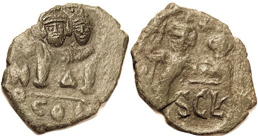 HERACLIUS, Follis, S883, c/stamp of 2 busts/SCLS on S805; VF+, both faces on c/m...