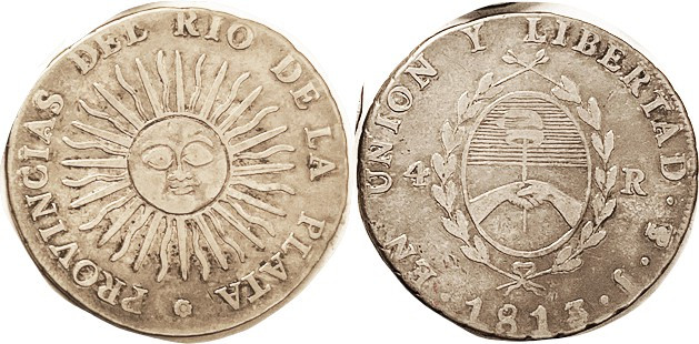 ARGENTINA, Ar 4 Reales, 1813-F, KM4, Sunface/Arms in wreath, 32 mm, at least F-V...