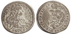 AUSTRIA, Tyrol, Vienna, Ar 3 Kreuzer, 1720, Charles VI bust r/2-headed eagle; 22 mm; F, sl curled from roller dies, resulting in wk area on rev; toned...