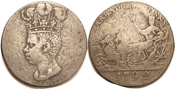 BARBADOS, Penny, 1792, African head (slave!) with plumed crown/Neptune in chario...
