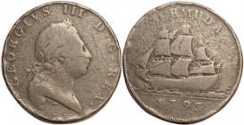 BERMUDA, Penny, 1793, Geo III bust/Sailing ship, 30 mm, G-VG, traces of scrs, porosity & rim bumps, not bad. (In my last sale a "misty" G brought $46....