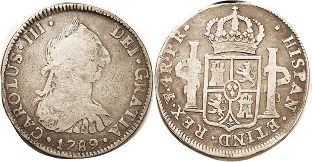 BOLIVIA, 4 Reales, 1789-PR, Charles III, rare! very decent VG+, ltly toned. VG c...