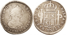 BOLIVIA, 4 Reales, 1789-PR, Charles III, rare! very decent VG+, ltly toned. VG cat $150, no sale record found.