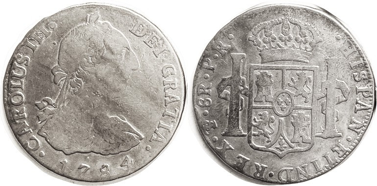 BOLIVIA, 8 Reales, 1784, VG+, fairly decent, probably once clnd, ltly toned some...