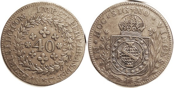 BRAZIL, 40 Reis, 1828-C, Choice VF, well struck, problem-free, nice for this, sc...