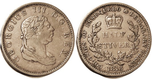BRITISH GUIANA, Essequibo, 1/2 Stiver, 1813, George III bust, F-VF, good brown s...