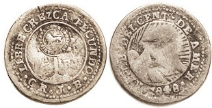 COSTA RICA, 1/2 Real, 1848, with c/mk of lion & lgnd around in circle, KM68, VG,...