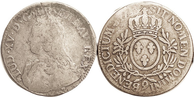 FRANCE, Ecu, 1726-40, Louis XV bust l./arms, Mintmk 9 (Rennes); VG+ but date poo...